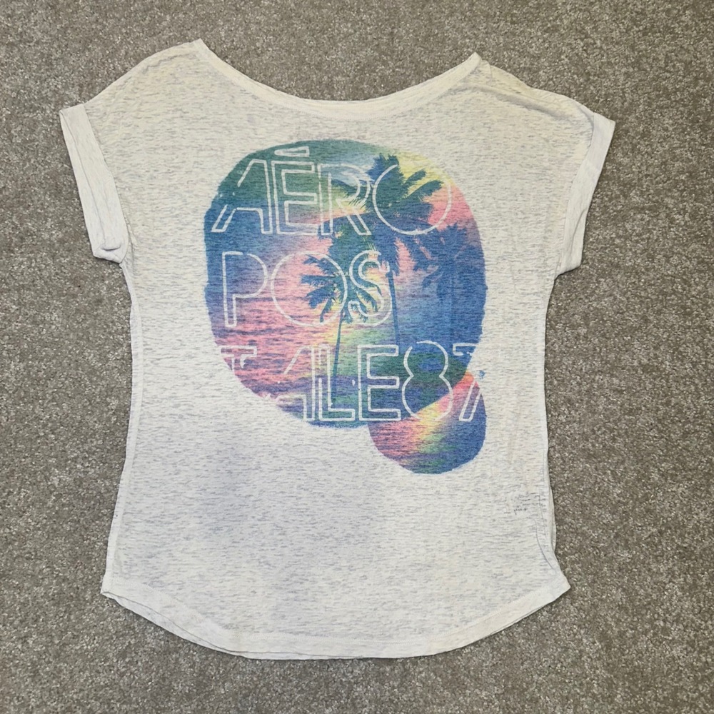 2000s Y2k Aeropostale Womens Graphic T Shirt White Sunset Beach Top S